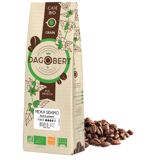 Les Cafés Dagobert -- Moka sidamo 100% arabica, bio et equitable - grains (origine Ethiopie) - 1 kg